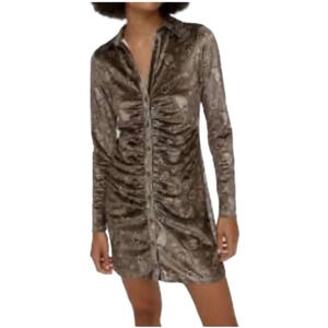 STRADIVARIUS Velvet Ruched Button Front Dress Taupe Collared Paisley Print S